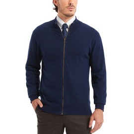 Kallspin Men's Pure Cotton Full Zip Up Sweater Cardigan Stand Collar Lightweight Knitted Cardigan Casual Outerwear(Navy Blue, 2XL)