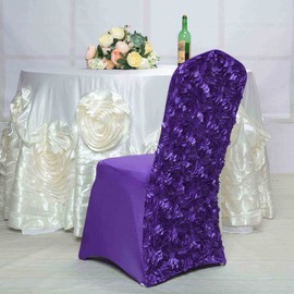 Tableclothsfactory Satin Rosette Purple Stretch Banquet Spandex Chair Cover Dinning Event Slipcover for Wedding Party Banquet Catering