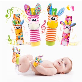 Baby Wrist Rattles Foot Finder Toys Set, Toddler Rattle Sock, Arm Hand Bracelet, Feet Leg Ankle Socks, Gift for Newborn Infant Babies Boy Girl Bebe (Macaron Donkey)