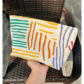 Clapoyis Women's Makeup Pouch, Large Capacity, Square, Cute Pouch, Stylish, Striped pattern