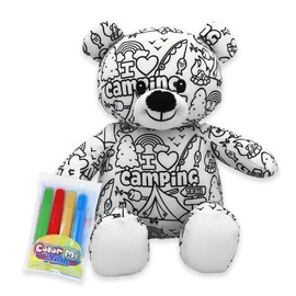 PLUSHOLOGY Color Me Plush Camping Teddy Bear Stuffed Animal; Color and Wash Over and Over Plush for Kids 3 Years Old to Adults; Child-Safe Washable Markers Included (8.5" Tall When Seated)
