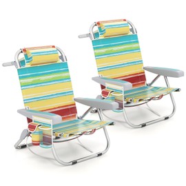 Giantex 2-Pack Backpack Beach Chair - Foldable Camping Chair with 5 Adjustable Position, Cup Holder, Storage Pockets, Straps, Towel Rack, Pillow, Lay Flat Lawn Chair for Patio Outdoor (2,Color Stripe)