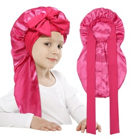 Monopa Long Toddler Silk Bonnet for Sleeping Kids Elastic Satin Bonnets for Kids Curly Hair Braid Bonnet for Boys Girls Infants Night Cap with Stretchy Tie Band(Rose Pink)