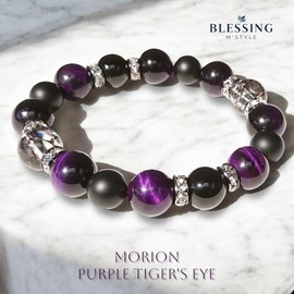 BLESSING M'style Natural Stone Power Stone Bracelet Men's 【Protection, Evil Removal, Amulet, Luck, Financial Fortune, Fortune, Rising Luck】 Morlion Purple Tiger Eye Matte Onyx Black Crack Crystal with