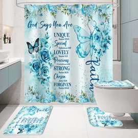 Litabel 4 Pcs Teal Butterfly Inspirational Quotes Shower Curtain Set with Rugs and Toilet Lid Cover, Colorful Boho Waterproof Fabric Bathroom Set, Bible Verse Floral Bathroom Decor Set Accessories