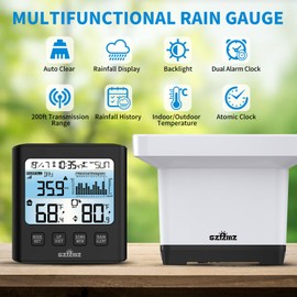 Wireless Rain Gauge Outdoor with Self-Emptying, Backlight, Thermometer, Rain Collector Monitoring Rainfall, Digital Rain Gauge for Yard, Electronic Rain Measure Gauge, Freeze Proof Rainfall