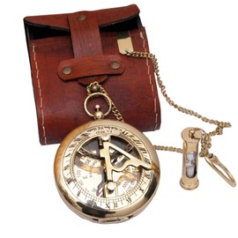 Brass Sundial Compass with Leather Case - Compass Gift for Men - Anniversary Sundial Compass Gift for Him or Her–Antique Brass & Copper-Sundial Clock in Box Gift