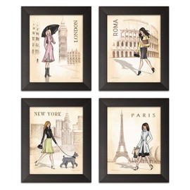 Gango Home Decor Paris, London, Roma and New York Set by Andrea Laliberte, 8x10in Set of 4; Black Framed Pieces, Ready to Hang!