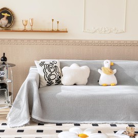 VANJOROY Waffle Large Grey Sofa Throw Blanket With Tassels For 2 3 4 Seater, 100% Handwoven Cotton Knitted Settees Throw for Couch, Armchair and Bed, 130×180cm-Light Grey