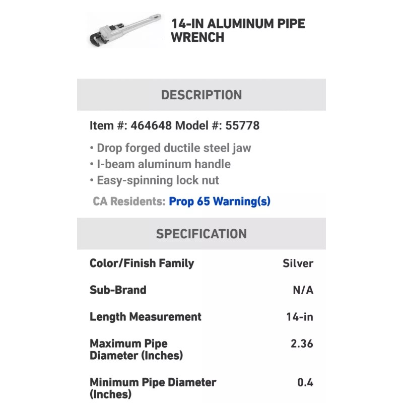 Kobalt 14" Extremely NICE!! Aluminum Pipe Wrench Model #0464648
