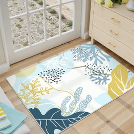 PureCozy 2x3 Blue Washable Entryway Indoor Small Non Slip Area Rugs for Living Room Cute Soft Throw Doormat Low Pile Kids Nursery Rug Thin Coral Print Carpet for Bathroom Laundry Dining Room