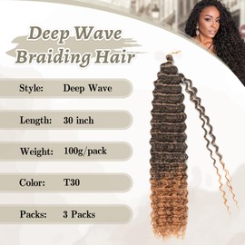 Ainimiu 30Inch 3Packs Deep Wave Crochet Hair for Boho Braids Long Curly Braiding Hair Ocean Curly Braiding Hair Extension for Black Women (T30, 30)