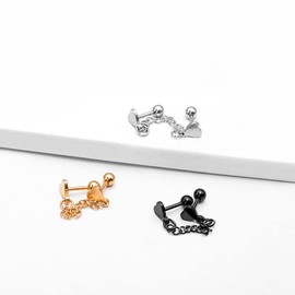 Cute Double Piercing Heart Love Stud With Short Chain Cuff Silver Black Plated Stainless Steel Earrings for Women Cartilage Two Holes Fashion Chic Minimalist Climber Crawler Threader Hypoallergenic Gifts Her Birthday Valentines Day Xmas (goldtone)