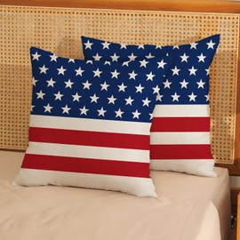 JEFERSO 4th of July Pillow Covers 18x18 Set of 2, Blue Star Stripes American Flag Throw Pillows Patriotic Decor Memorial Independence Day Pillowcase Outdoor Decorations Linen Cushion Case for Home