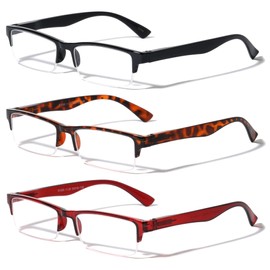 V.W.E. 3 Pairs Rectangular Half Rim Reading Glasses - Simple Classic Clear Lens Reader - Spring Hinges (Black Tortoise Maroon, 3.25, x)