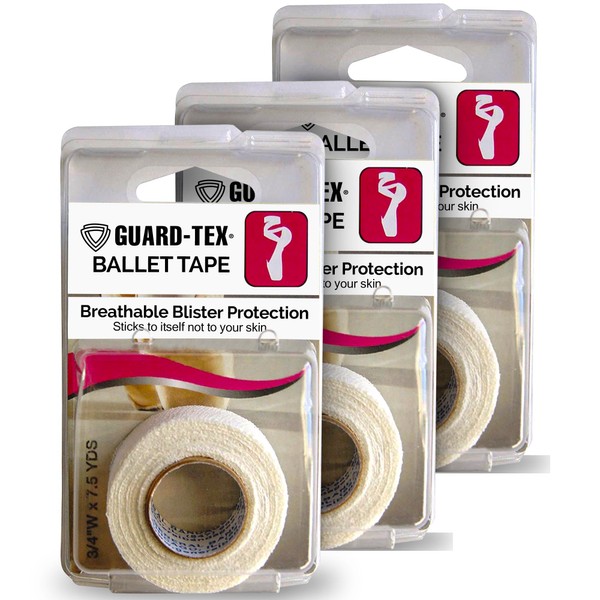 Guard-Tex White ¾" Ballet Protective Tape, 3-Packs - Self Adhesive Toe Tape, Flexible, Sweatproof Blister Protection, Athletic Wrap Self Adhesive and Cohesive Bandage - 7 ½ yds