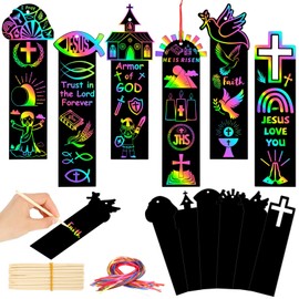 AUGSUN 96Pcs Religious Easter Crafts for Kids, Rainbow Color Scratch Art Christian Bookmarks Religious Gifts for Kids Resurrection Cross Scratch Cards Sunday School Church Bible Crafts Kits