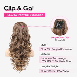 REECHO Ponytail Extension, 24" Claw Clip in Ponytail Extensions Long Curly Wavy Jaw Clip on Pony Tails Hairpiece for Women, Dark Ash Blonde with Golden Ends