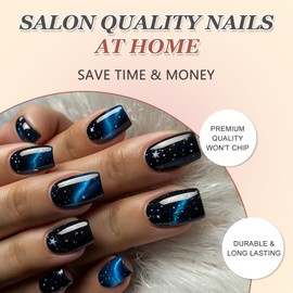 24Pcs Cat Eye Press on Nails, French False Nails Short Square, Dark Blue Glitter Glossy Full Cover Fake Nails, Universe Starry Sky Reusable Stick on Nails for Women and Girls Daily Wear