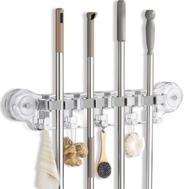 Hiitytin Removable Broom Holder Wall Mount Bathroom Broom and Mop Organizer Wall Hanging Storage Tool Organizer with Hooks and Slots Rotating Adsorption Not Easy to Fall, Transparent