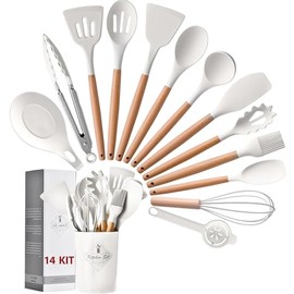 Garselay - (14 PCS) Juego de Utensilios de Cocina de Silicona sin BPA (Blanco)