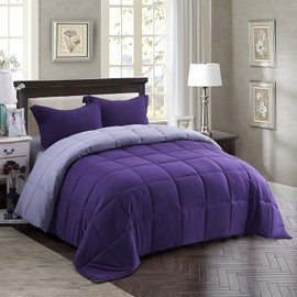 HIG 3 Pieces Purple Oversized Reversible Comforter Set King, Modern Breathable Box Stitched Duvet Insert with 2 Shams, Soft Fluffy All Season Comforter Set with Corner Tabs for Bedroom, Microfiber