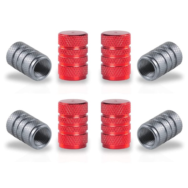 Pack of 8 aluminium valve caps, tyre valve caps, grey, red, car tyre valve cover, tyre valve caps, car valve for cars, SUVs, motorcycles, bicycles, Schrader valves
