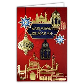 68-9001 AFIE Ramadan Mubarak Card in Shiny Gold Muslims Month Saint Fastness Laylat al-Qadr Eid el-Fitr Islamic Party 5 Pillars Mosque Lantern Ramadanese White Envelope Size 17.5 x 12 cm