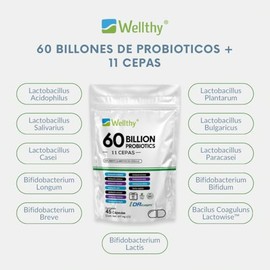 Wellthy Probioticos 60 Billones 11 Cepas. 45 Cápsulas Mes y Medio de Consumo, Cápsulas Veganas, DRcaps® Acción Prolongada, Bottle Free.