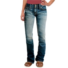 Flamingals Low Rise Distressed Bootcut Skinny Leg Button Fly Jeans for Women Denim Pants Deep Midnight Blue XL