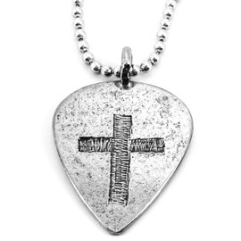 FORGIVEN JEWELRY Guitar Pick Ball Chain Necklace Antique Silver Finish Cross Double Sided