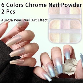 6 Colors Chrome Nail Powder, Metallic Mirror Effect Aurora Glitter Chrome Nail Powder for Gel Nail Polish, Neon Mermaid Pearl Nail Powder for Nail Art Design (2 Pcs)