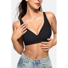 Vertvie Womens Wireless Seamless Bras Deep V No Underwire Push Up Bras Supportive Full Coverage Bralettes Plunge T Shirt Bra(Black,XX-Large)