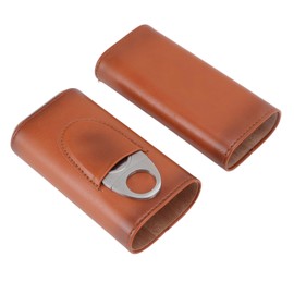 3 Finger Cigar Case Iron Cover Portable Soft Glossy Leather Cigar Holder Case with Cutter for Travel Brown