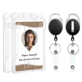 Uniclife Vertical ID Card Holder for 2 Cards with Thumb Slots, Hard Transparent PC Case Protector with Retractable Badge Holder Carabiner Clip for Credit Cards, Pack of 2