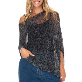 Back From Bali Womens Sheer Poncho Bolero Shrugs for Dresses Lightweight Summer Black Silver Metallic Shawl Cover Up