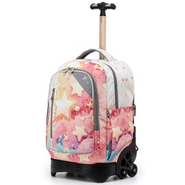 NEW TILAMI 18 Inch Rolling Backpack for kids Adjustable Strap Laptop Backpack Suitcase with Wheels for Girls Boys to School Travel Camping Rolling Backpack, Starshine