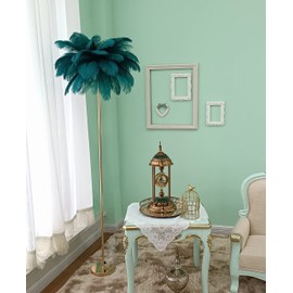 GIOAMH Natural Ostrich Feather Floor Lamp, 3-Way Color Temperature,Simple Modern Bedroom and Living Room Standing Lamp, Golden Lamp Body, G4-LED Bulb (Blue-Green)