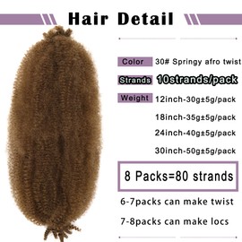 8 Packs Springy Afro Twist Hair Pre Fluffed Marley Hair 18 Inch Synthetic Braiding Hair for Spring Twist Crochet Hair Soft Distressed Protective Marley Twist Braiding Hair Extensions for Women(30#)