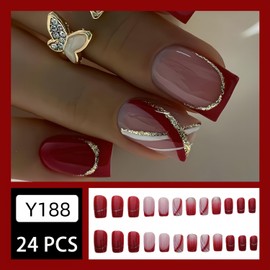 TBRZTR 24Pcs Red French Press on Nails Square False Nails Gold Stripe Design Full Cover Coffin Nails Artificial Stick on Nails Red Acrylic Nails Short Glue on Nails for Women Manicure Kit