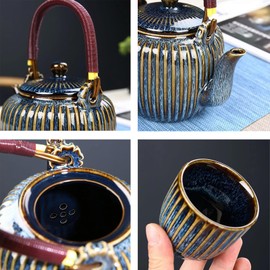 KEYDUACU Japanese Tea Set, Including 1 x 27oz teapot, 6 x Tea Cups, 1 x Tea Tray,Beautiful Asian Tea Sets for Adults, Tea Lovers/Women/Men (Large-Blue)