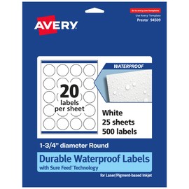 Avery Durable Waterproof Round Labels with Sure Feed, 1.75" diameter, 500 Oil and Tear-Resistant Waterproof Labels, Print-to-The-Edge, Laser/Pigment-Based Inkjet Printable Labels