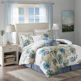 Harbor House Lorelai Cal King Size Bed Comforter Set - White, Green, Blue, Tropical Plants, Leaf – 6 Pieces Bedding Sets – 100% Cotton Sateen, Cotton Percale Bedroom Comforters