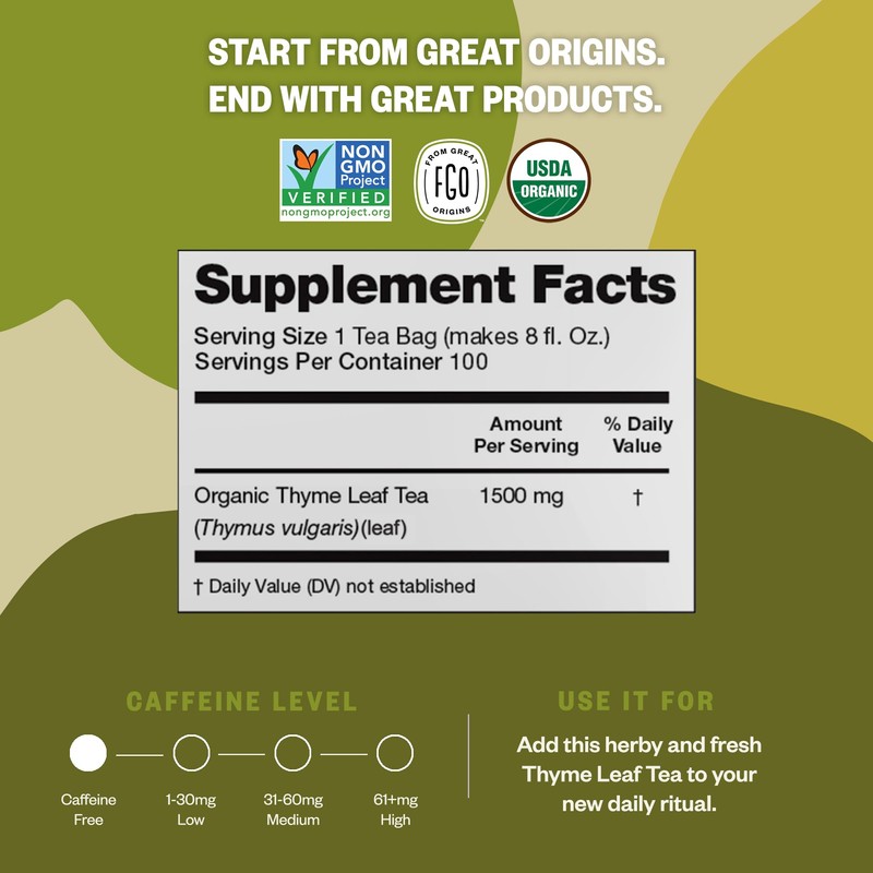 FGO Organic Thyme Leaf Tea, 100 Count, Eco-Conscious Tea Bags,