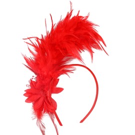 MWOOT Feather Hair Band, 1920s Fascinator Headpiece for Women, Red Feather 20s Headband with Artificial Flowers for Carnival, Cocktail, Wedding, Tea Party Accessories