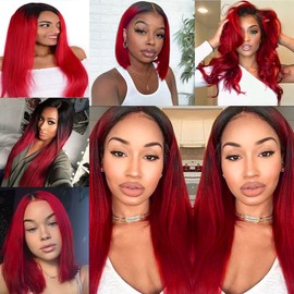 Red Human Hair Bundles 1B/Red Ombre Straight Bundles 8 10 12 inch Two Tone Black and Fire Red Bundles Human Hair Double Weft Brazilian Human Hair Wet and Wavy Bundles Silky Soft