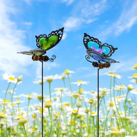 Voumsil Butterfly Garden Stakes,Butterfly Kit Made of Glass and Metal,Colorful Butterfly Garden Decorations Can Make The Garden Full of Color and Vitality. (Blue and Green)