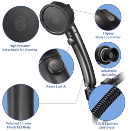 SINGSUO High Pressure Handheld Shower Head with On Off Switch, Detachable Shower Head, 3 Spray Modes Shower Massager Handheld with Hose and Adjustable Angle Bracket (Black)