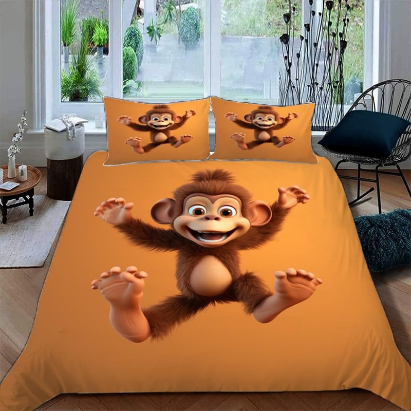ZHDEDSP Children's Bed Linen Set with 3D Monkey Motif, Single