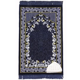 Modefa Turkish Islamic Prayer Rug - Soft & Plush Velvet Praying Carpet - Traditional Muslim Prayer Mat - Muslim Janamaz Sajada - Ramadan or Eid Gift - with Kufi Prayer Cap - Floral Ipek (Blue Vine)